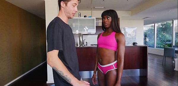  Super hot black girl stretches with her aroused trainer